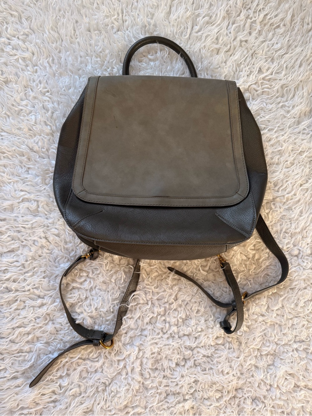 Dark Green Leather Backpack with Suede Flap